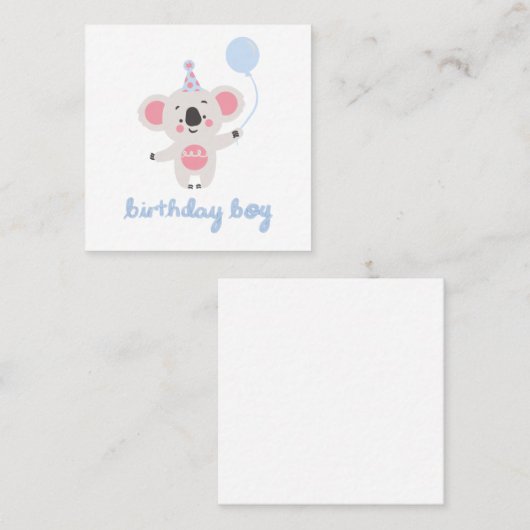 Carte De Visite Carré Anniversaire Garçon Teddy Ours Tenant Un Ballons (Devant / Derrière)