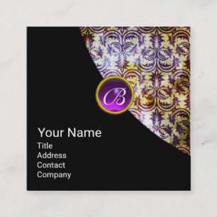 Carte De Visite Carré ANTIQUE DAMASK PURPLE GEM MONOGRAM Black Pearl