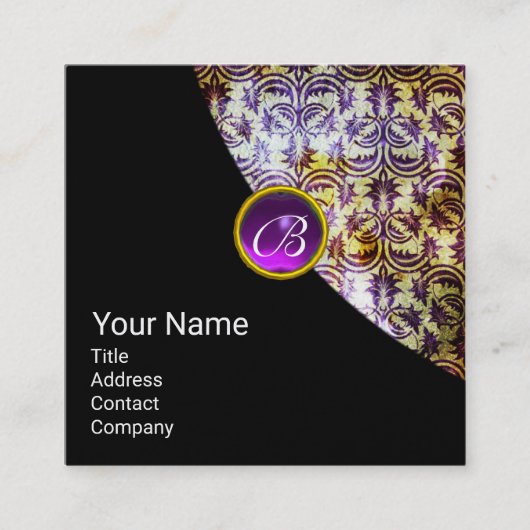 Carte De Visite Carré ANTIQUE DAMASK PURPLE GEM MONOGRAM Black Pearl (Devant)