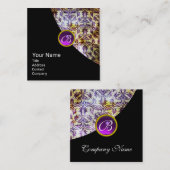 Carte De Visite Carré ANTIQUE DAMASK PURPLE GEM MONOGRAM Black Pearl (Devant / Derrière)