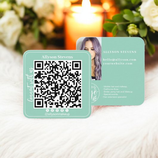 Carte De Visite Carré Aqua blue Social Media QR Code Photo Logo