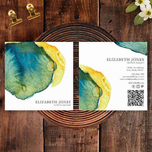 Carte De Visite Carré Aquarelle Abstraite jaune bleu