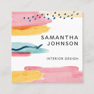 Carte De Visite Carré Aquarelle Abstraite moderne Jaune Rose Bleu Design