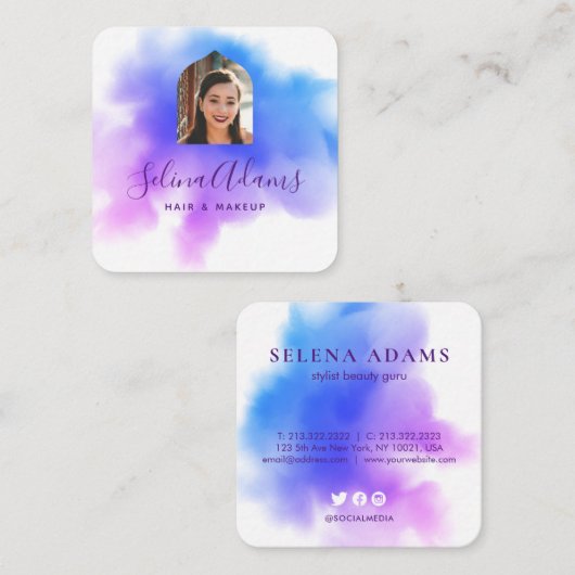 Carte De Visite Carré Aquarelle bleu foncé avec photo Abstraite (Devant / Derrière)