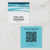 Carte De Visite Carré Aquarelle Bleu QR Code Lignes Abstraites Wavy Ocea (Devant / Derrière)