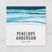 Carte De Visite Carré Aquarelle Bleu QR Code Lignes Abstraites Wavy Ocea (Devant)