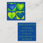 Carte De Visite Carré Aquarelle bleu vert peint Coeur Art Amour (Devant / Derrière)