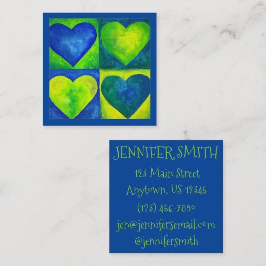 Carte De Visite Carré Aquarelle bleu vert peint Coeur Art Amour (Devant / Derrière)