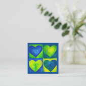 Carte De Visite Carré Aquarelle bleu vert peint Coeur Art Amour (Debout devant)