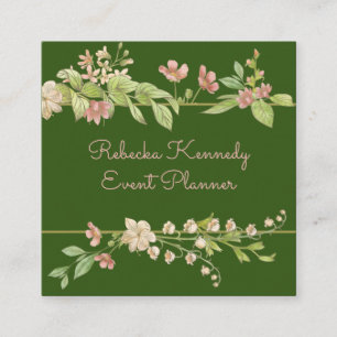 Carte De Visite Carré Aquarelle Bordure florale rose et verte