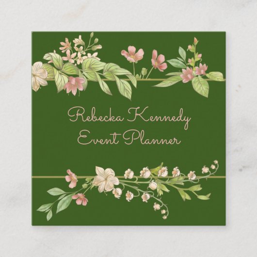Carte De Visite Carré Aquarelle Bordure florale rose et verte (Devant)