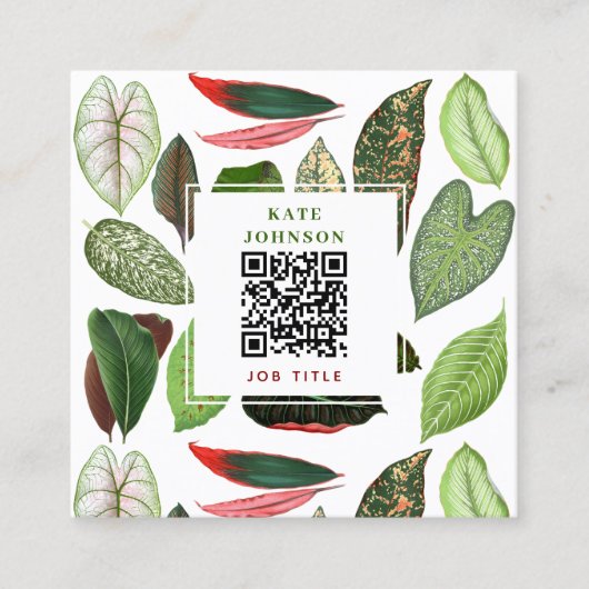 Carte De Visite Carré Aquarelle botanique Vert Feuille QR Code (Devant)