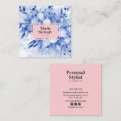 Carte De Visite Carré Aquarelle chic bleu floral élégant rose moderne (Devant / Derrière)