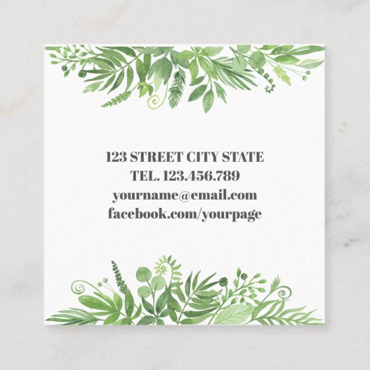 Carte De Visite Carré Aquarelle chic moderne feuillage vert de prairie s (Dos)