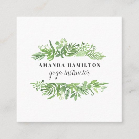 Carte De Visite Carré Aquarelle chic moderne feuillage vert de prairie s (Devant)