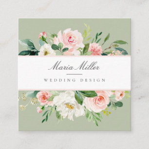 Carte De Visite Carré Aquarelle couleur rose blanc vert vert Mariage