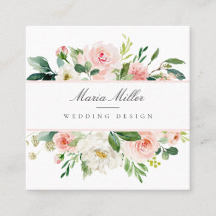Carte De Visite Carré Aquarelle couleur rose blanc vert vert Mariage