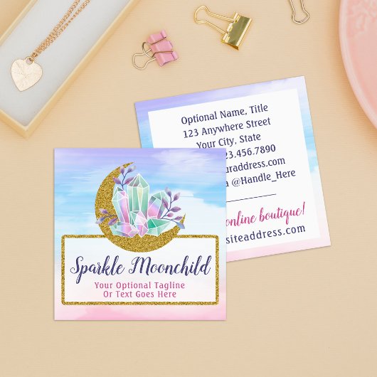 Carte De Visite Carré Aquarelle Crystals & Gold Crescent Moon Boutique