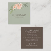 Carte De Visite Carré Aquarelle de Pêche Flore Rose & Sage Vert (Devant / Derrière)