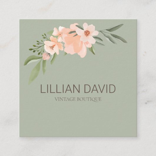 Carte De Visite Carré Aquarelle de Pêche Flore Rose & Sage Vert (Devant)