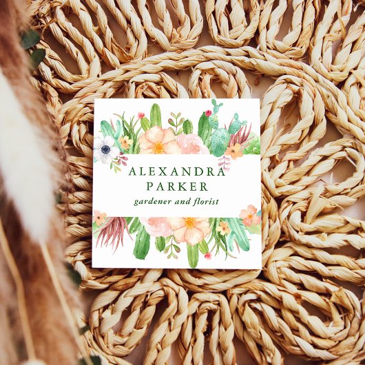Carte De Visite Carré Aquarelle élégante Fleurs Succulentes