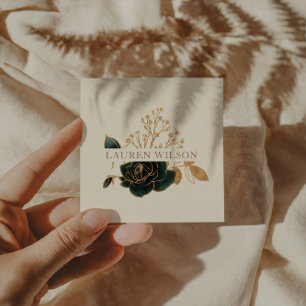 Carte De Visite Carré aquarelle émeraude or élégant floral