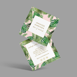 Carte De Visite Carré Aquarelle Feuille tropical Motif sur rose