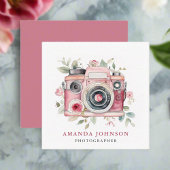 Carte De Visite Carré Aquarelle Floral Pink Camera Photographe Code QR