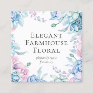 Carte De Visite Carré Aquarelle Floral & Pivoine en Bois Rustique pour l