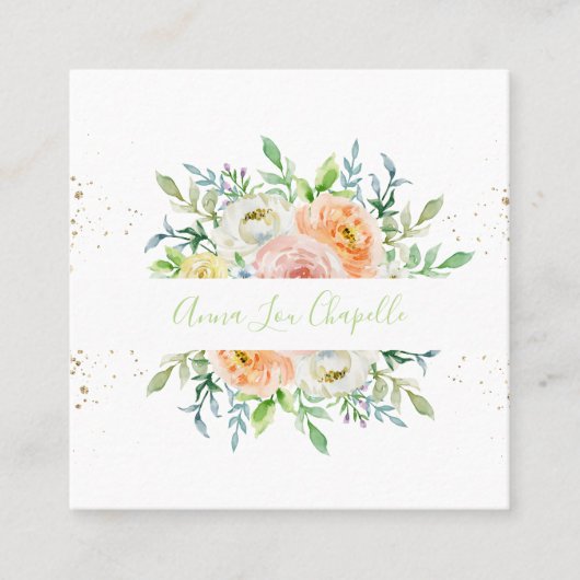 Carte De Visite Carré Aquarelle florale blush et vert (Devant)