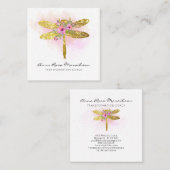 Carte De Visite Carré *~* Aquarelle Florale Dorée Rose Peach Dragonfly (Devant / Derrière)