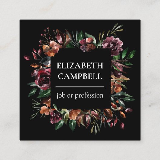 Carte De Visite Carré Aquarelle florale Moody| Noir (Devant)