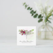Carte De Visite Carré *~* Aquarelle florale Roue Rose Mint Dragonfly (Debout devant)