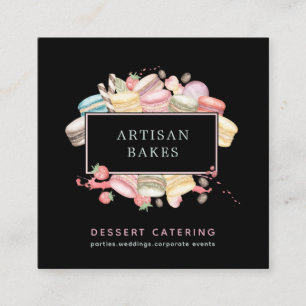 Carte De Visite Carré Aquarelle gras Macaron Baker Chef pâtissier noir