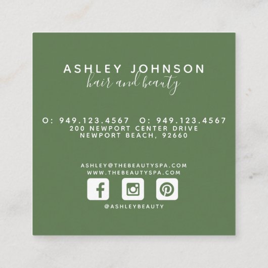 Carte De Visite Carré Aquarelle Magnolia Script Typographie Blanc Vert (Dos)