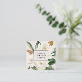 Carte De Visite Carré Aquarelle moderne Magnolia Blush et Script noir (Debout devant)