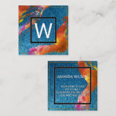 Carte De Visite Carré Aquarelle Monogramme Brossé Texture Bleue (Devant / Derrière)