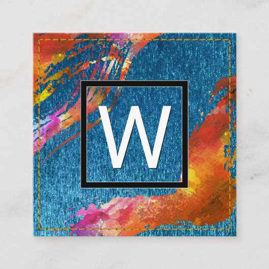 Carte De Visite Carré Aquarelle Monogramme Brossé Texture Bleue (Devant)