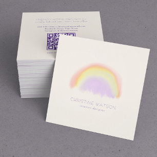 Carte De Visite Carré Aquarelle pastel mauve arc-en-ciel QR CODE