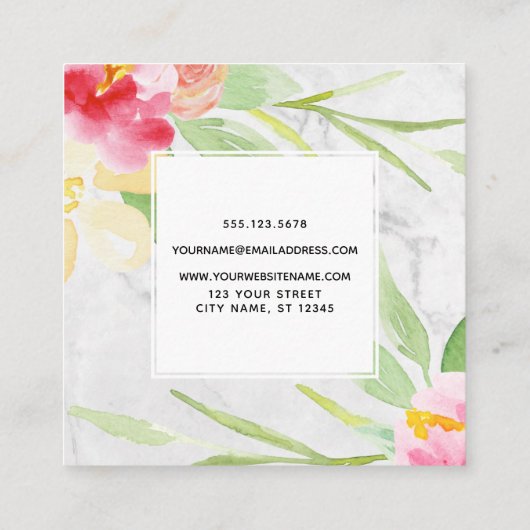 Carte De Visite Carré Aquarelle peinte Fleurs sur Marbre gris subtil (Dos)
