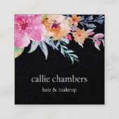 Carte De Visite Carré Aquarelle peinte Florale | Noir (Devant)
