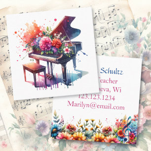 Carte De Visite Carré Aquarelle Piano et Fleurs Professeur personnalisé