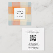 Carte De Visite Carré Aquarelle Plaid Crème orange bleu QR CODE (Devant / Derrière)