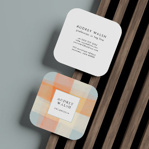 Carte De Visite Carré Aquarelle Plaid Orange Crème Bleu professionnel