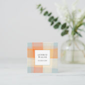 Carte De Visite Carré Aquarelle Plaid Orange Crème Bleu professionnel (Debout devant)