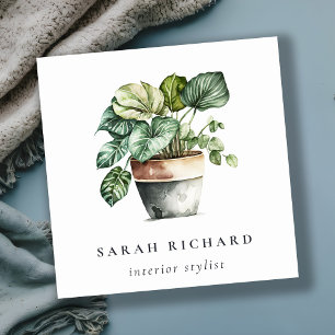 Carte De Visite Carré Aquarelle Plante de la Maison verte Poted Botaniqu