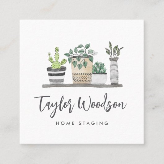 Carte De Visite Carré Aquarelle Poted Houplant Script de signature (Devant)