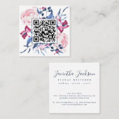 Carte De Visite Carré Aquarelle QR Code moderne Floral Bleu rose Élégant (Devant / Derrière)