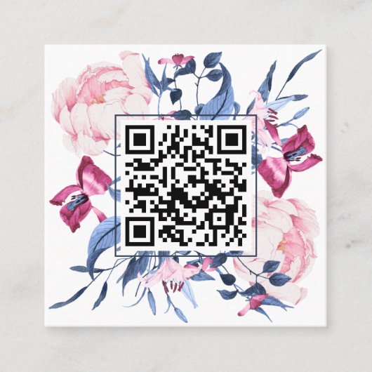 Carte De Visite Carré Aquarelle QR Code moderne Floral Bleu rose Élégant (Devant)