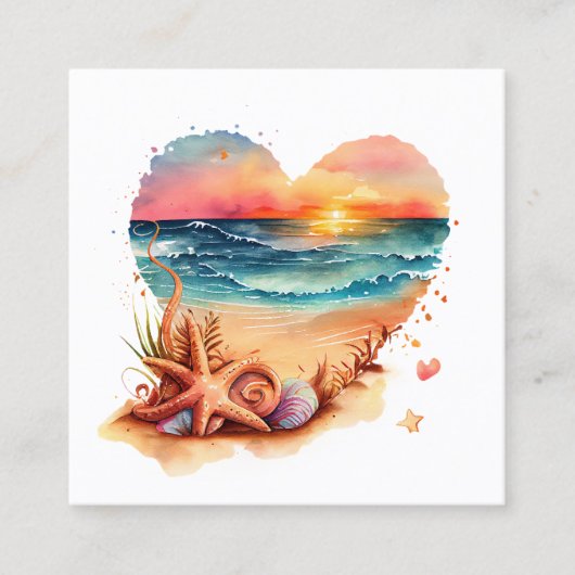 Carte De Visite Carré Aquarelle Retro Beach Heart (Devant)